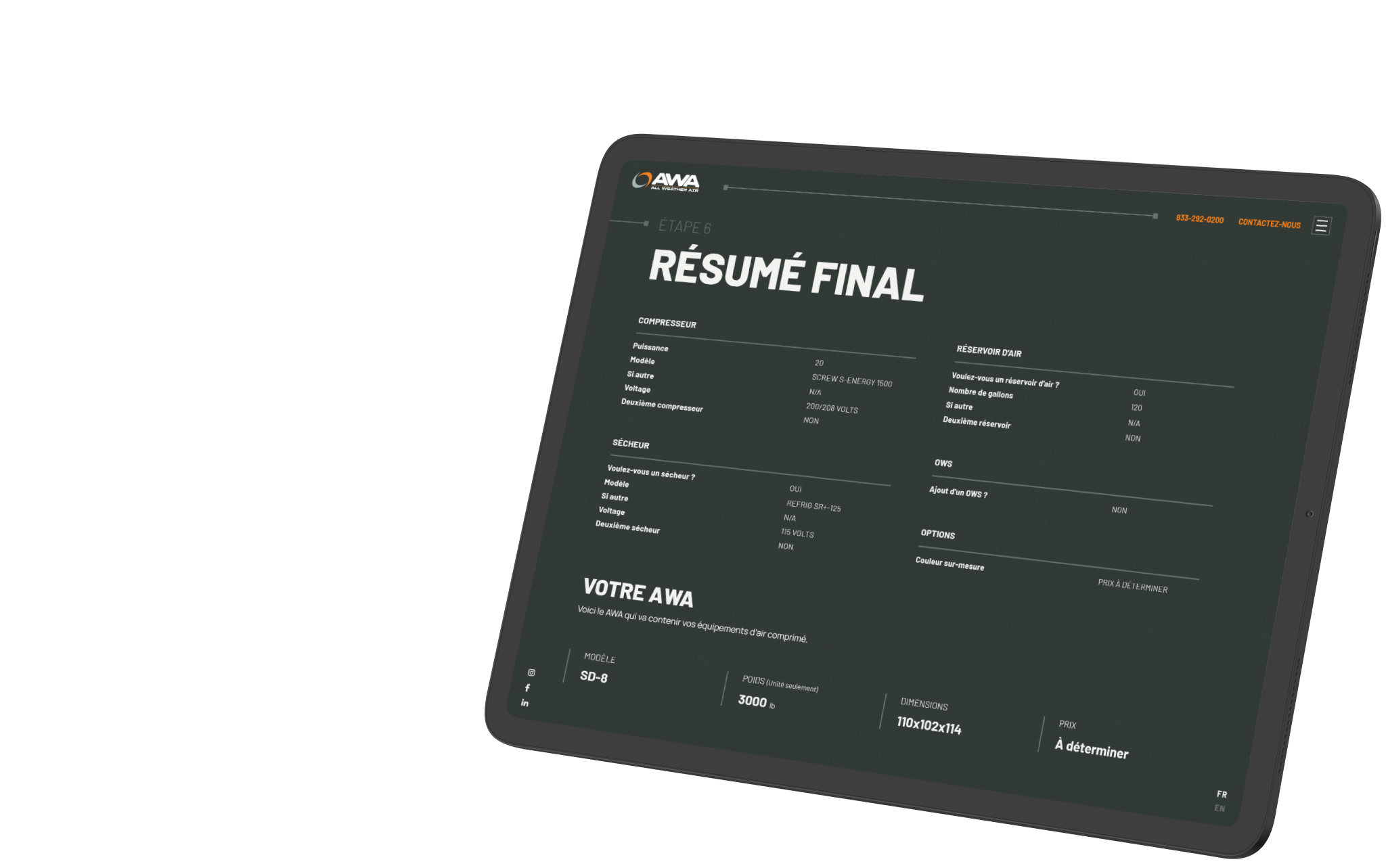 Application de configuration de systèmes d'air comprimé pour AWA, affichée sur tablette