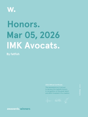 Certificat Awwwards Honors décerné à fatfish pour le site web de IMK avocats, mars 2026
