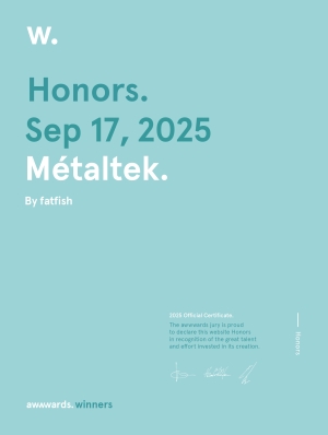Certificat Awwwards Honors décerné à fatfish pour le site web de Métaltek, septembre 2025
